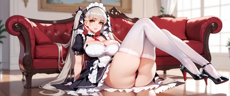 1girl, formidable, Azur Lane, (best quality), ((masterpiece)), (highres), 16K, perfect face, yellow eyes, silver hair, long hair, twintails, wearing headdress, wearing maid outfit, black panites, white thighhighs, white footwear, busty body, large breasts ...