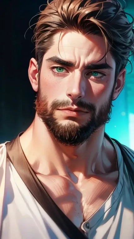 (  best quality,4K,8k,  highres,  masterpiece :1.2),  ultra-detailed  ,(realistic,photorealistic,photo-realistic:1.37),36-year-old man,3 day beard,Beautiful anime,Portraits,strong,Masculine,  with dark hair  ,sharp jaw,   mesmerizing green eyes   ,  perfec...