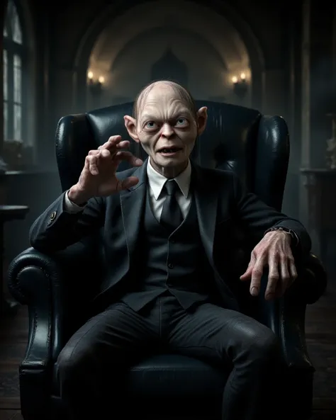 A highly stylized digital artwork depicting Gollum seated on a luxurious black leather armchair. He is dressed in a perfectly tailored dark suit, complete with a crisp white shirt and a sleek black tie, giving him an unexpectedly sophisticated appearance. ...