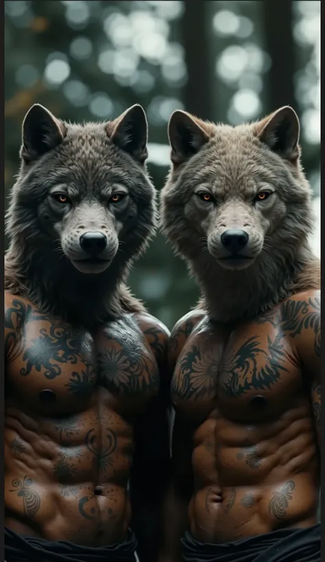 "A hyper-realistic digital painting of two anthropomorphic wolves with muscular human-like bodies, standing side by side in a dense forest. They have fierce, intense expressions with glowing eyes, intricate fur textures, and sharp, detailed features. Their...