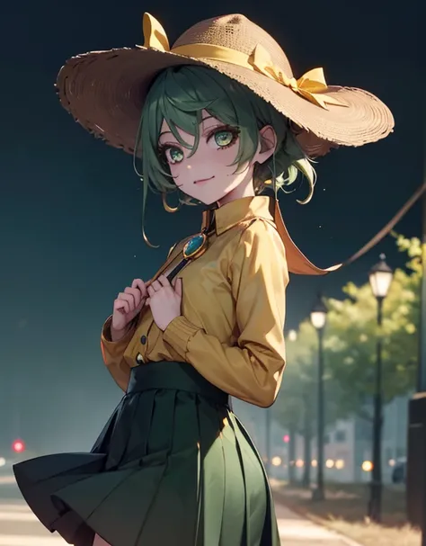 komeiji_koishi, sidewalk, 1girl, third_eye, yellow_shirt, black_hat, green_hair, highres, yellow bomber jacket,black short-sleeved shirt, , hat_bow, green_eyes, green_wrap skirt, heart_of_string, yellow_bow, hat_ribbon,  diamond_button, yellow_ribbon, eyeb...