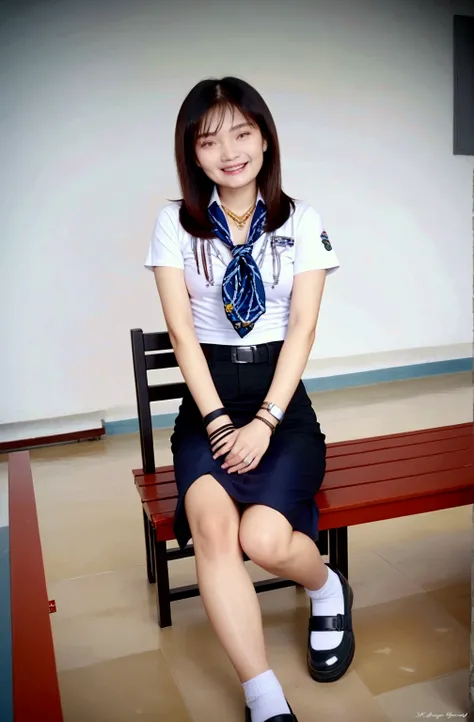 cute young woman, smiling, sitting on bench, in office room, BREAK, (black hair, long straight hair, brown streaked hair, brown hilighted hair, brown ombre, 2 colored tone color), BREAK, ( very light-blue short sleeves shirt (+collared shirt, dark-blue nec...