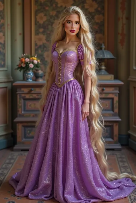 Sophia valverde , Rapunzel purple glitter dress, Rapunzel long blonde hair, 1980 motion picture screen still, 1980 metien risture atxle, real life, ultra realistis, full body barefoot--ar 9:16