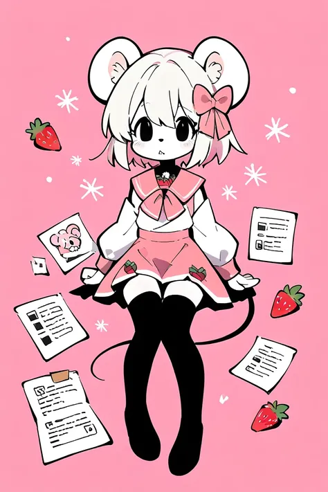 I want this image in full body and Pastel pink magical girls costume with white details  , oc ratón, Femboy, Mouse, fullbody, paper white hair, fur and skin, shoulder length hair, black eyes, Nekomimi , The skirt is short reaching above the knees much high...