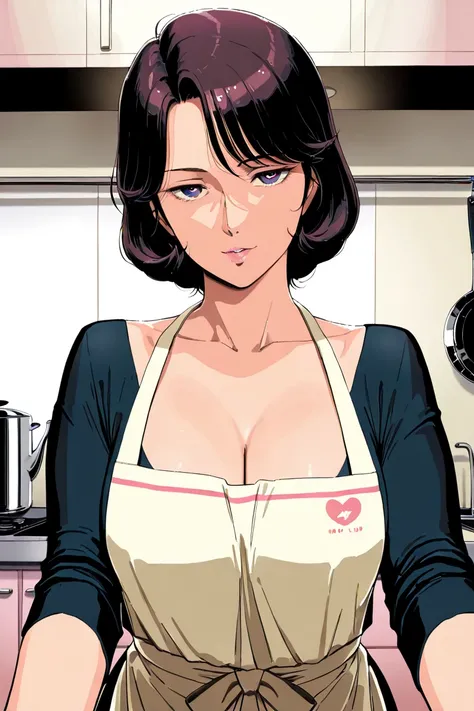  Mirai Yashima、 Mobile Suit Gundam 、masterpiece,  Super high quality , more details, beautiful, Dark Hair、Wavy short hair, 1980s,Kind eyes、Maternal、Seductive lips、Homely mother's attire、 apron、 kitchen、 widow