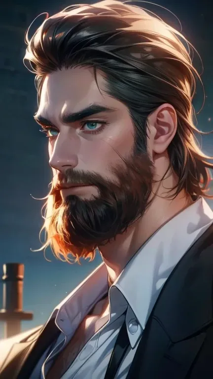 (  best quality,4K,8k,  highres,  masterpiece :1.2),  ultra-detailed  ,(realistic,photorealistic,photo-realistic:1.37),36-year-old man,3 day beard,Beautiful anime,Portraits,strong,Masculine,  with dark hair  ,sharp jaw,   mesmerizing green eyes   ,  perfec...