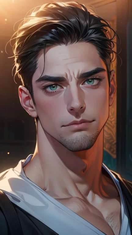 (  best quality,4K,8k,  highres,  masterpiece :1.2),  ultra-detailed  ,(realistic,photorealistic,photo-realistic:1.37),36-year-old man,3 day beard,Beautiful anime,Portraits,strong,Masculine,  with dark hair  ,sharp jaw,   mesmerizing green eyes   ,  perfec...