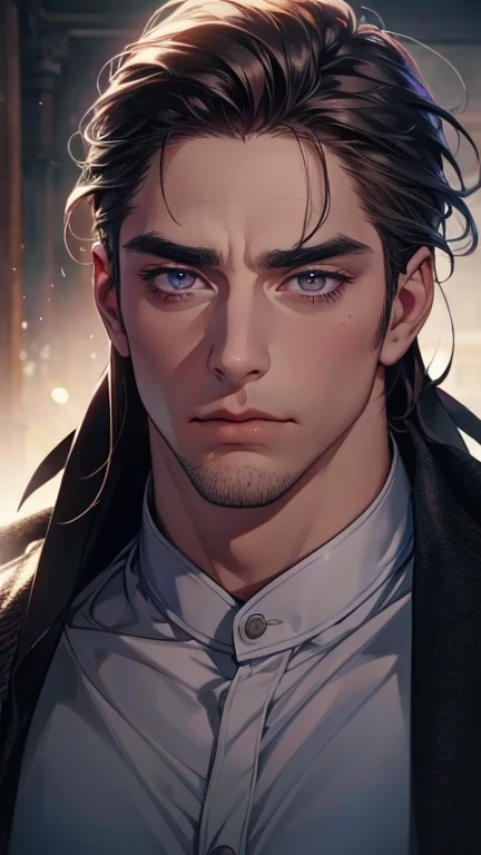 (  best quality,4K,8k,  highres,  masterpiece :1.2),  ultra-detailed  ,(realistic,photorealistic,photo-realistic:1.37),36-year-old man,3 day beard,Beautiful anime,Portraits,strong,Masculine,  with dark hair  ,sharp jaw,   mesmerizing violet eyes   ,  perfe...