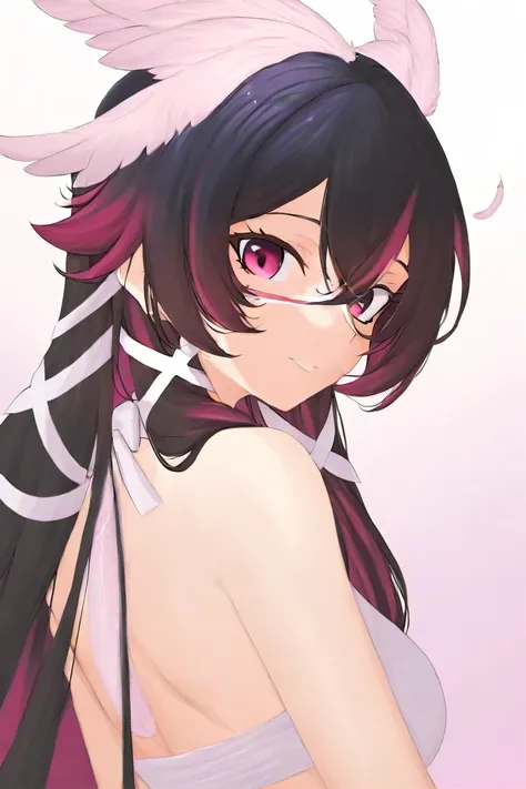 Columbina from Genshin Impact with long black hair with dark pink and magenta highlights.  She has several white ribbons that look like feathers on the back of her head and whose design is reminiscent of the wings of a dove 