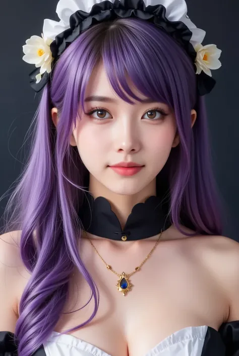 PORTRAIT OF woman 21 years old, with YELLOW eyes and violet hair, maid, leaning forward, small breasts, blouse extended downwards, long hair, pretty face, woman with violet hair and yellow eyes, perfect face, serene face, disheveled hair, shiny hair, detai...