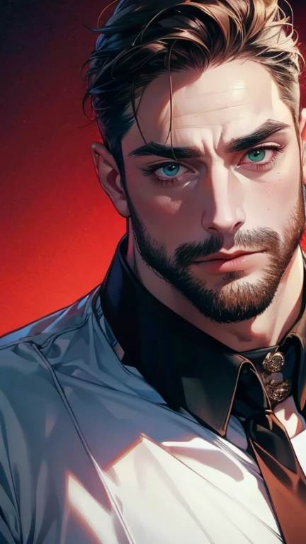 (  best quality,4K,8k,  highres,  masterpiece :1.2),  ultra-detailed  ,(realistic,photorealistic,photo-realistic:1.37),36-year-old man,3 day beard,Beautiful anime,Portraits,strong,Masculine,  with dark hair  ,sharp jaw,  mesmerizing emerald eyes  ,  perfec...