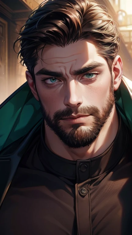 (  best quality,4K,8k,  highres,  masterpiece :1.2),  ultra-detailed  ,(realistic,photorealistic,photo-realistic:1.37),36-year-old man,3 day beard,Beautiful anime,Portraits,strong,Masculine,  with dark hair  ,sharp jaw,  mesmerizing emerald eyes  ,  perfec...