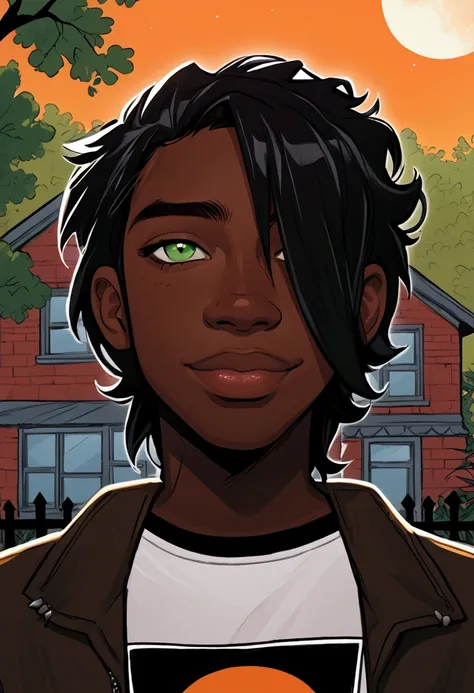 cartoon image of an dark skinned emo guy with a dark brown jacket and a white shirt that has an green logo on it, orange left eye, green right eye, plump lips, smiling, character portrait of an male, colored illustration, character portrait closeup, cover ...