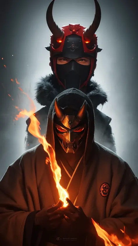 8K resolution ,Create a picture of a young man  ,wearing a horned zamurai mask,the eyes of the mask lit up like fire , the blond guy,wearing a jacket with a white Skull logo with the inscription ANTRAX, the man holding the Samurai