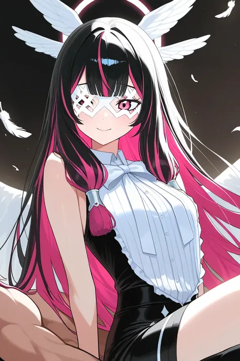 Columbina long black hair with dark pink and magenta highlights.  She has several white ribbons that look like feathers on the back of her head and whose design is reminiscent of the wings of a dove,Herald costume sitting on the lap in the lap of blond hai...