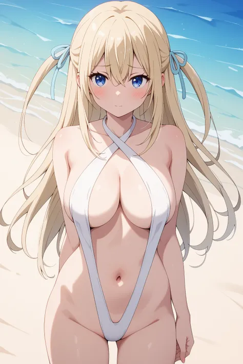 masterpiece,best quality,{{detailed beautiful face and eyes}}, very detailed background,
Sylphy,{{{megami magazine}}},long hair,blonde hair,two side up,hair ribbon,hair between eyes,blue eyes,large breasts,
((white swimsuit high leg swimsuit,slingshot swim...