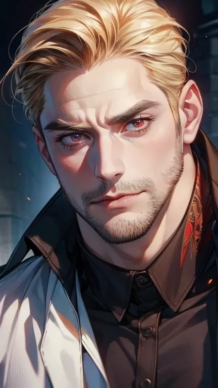 (  best quality,4K,8k,  highres,  masterpiece :1.2),  ultra-detailed  ,(realistic,photorealistic,photo-realistic:1.37),36-year-old man,3 day beard,Beautiful anime,Portraits,strong,Masculine, With dark blond hair ,sharp jaw,  mesmerizing red eyes  ,  perfec...