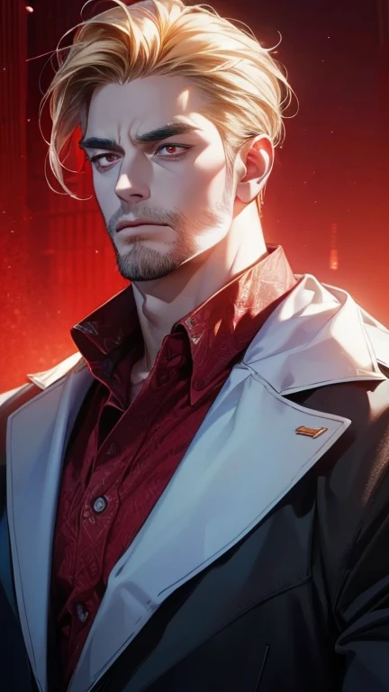 (  best quality,4K,8k,  highres,  masterpiece :1.2),  ultra-detailed  ,(realistic,photorealistic,photo-realistic:1.37),36-year-old man,3 day beard,Beautiful anime,Portraits,strong,Masculine, With dark blond hair ,sharp jaw,  mesmerizing red eyes  ,  perfec...