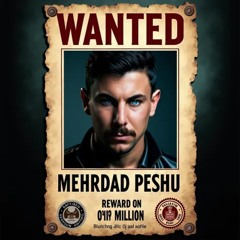 Create a wanted poster with a reward of one million beris, the name of the poster will be mehrdad peshu,high quality eyes 