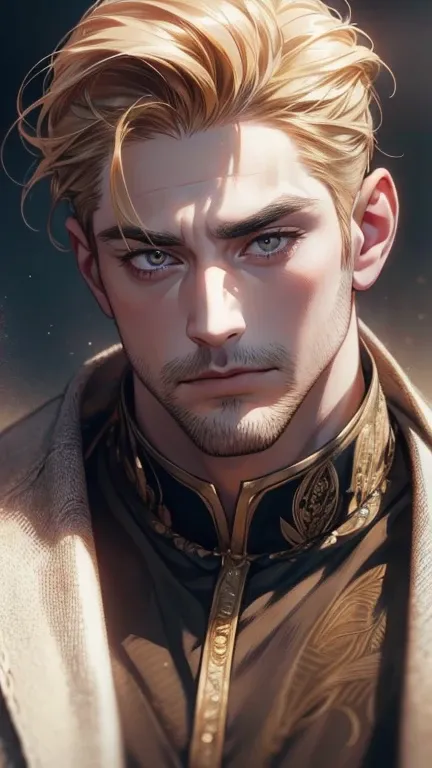 (  best quality,4K,8k,  highres,  masterpiece :1.2),  ultra-detailed  ,(realistic,photorealistic,photo-realistic:1.37),36-year-old man,3 day beard,Beautiful anime,Portraits,strong,Masculine, With dark blond hair ,sharp jaw,  mesmerizing gold eyes  ,  perfe...