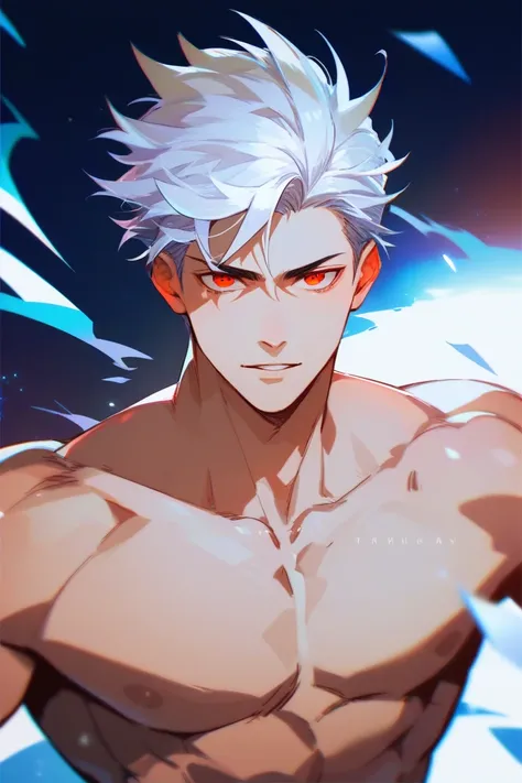 Shirtless Muscular man, white, white hair, red eyes