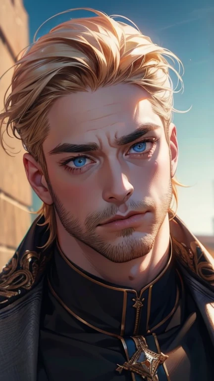 (  best quality,4K,8k,  highres,  masterpiece :1.2),  ultra-detailed  ,(realistic,photorealistic,photo-realistic:1.37),36-year-old man,3 day beard,Beautiful anime,Portraits,strong,Masculine, With dark blond hair ,sharp jaw,  mesmerizing sky blue eyes  ,  p...