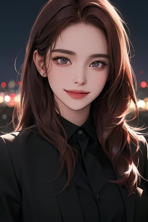 (best quality, ((masterpiece)), beautiful detailed Eyes, 8K resolution, cinematic lighting,detailed clothes,Semi-realistic),1 woman,((25 year-old)),cool,(red brown hair),((black formal shirts), night city, smile