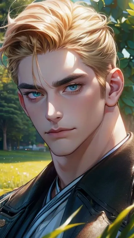 (  best quality,4K,8k,  highres,  masterpiece :1.2),  ultra-detailed  ,(realistic,photorealistic,photo-realistic:1.37),36-year-old man,3 day beard,Beautiful anime,Portraits,strong,Masculine, With dark blond hair ,sharp jaw,  Mesmerizing green grass eyes  ,...