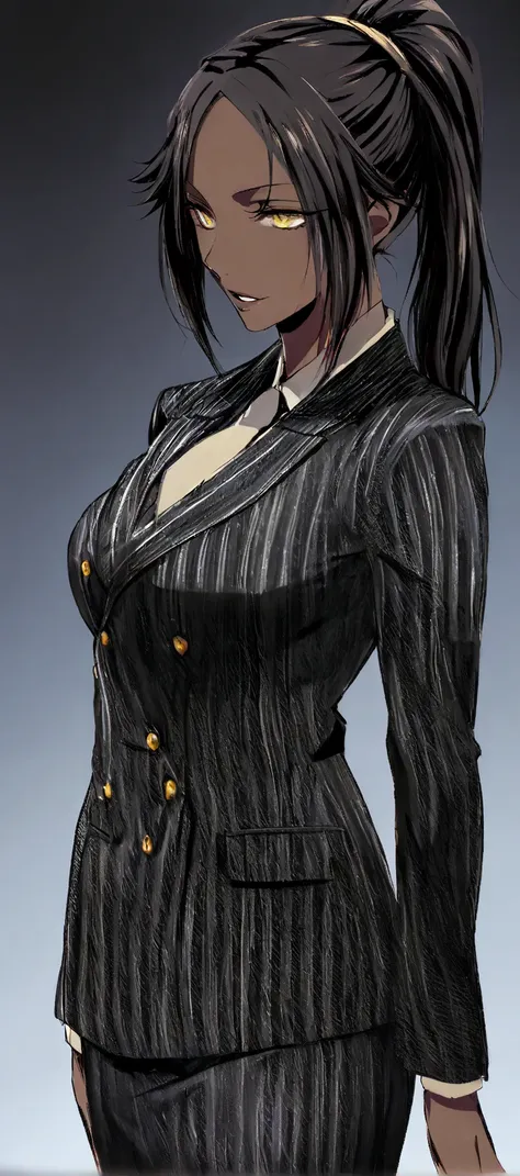 Thin Black business woman with cornrows while wearing a black pinstripe suit and pinstriped skirt on , with yellow eyes