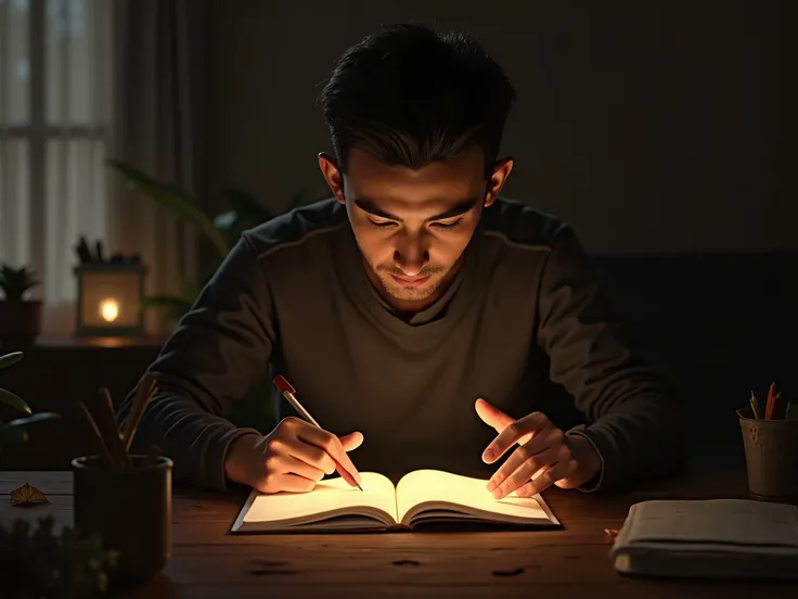 a man illuminated by the notebook light sitting fiddling with a notebook that is leaning on a table 