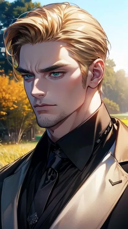 (  best quality,4K,8k,  highres,  masterpiece :1.2),  ultra-detailed  ,(realistic,photorealistic,photo-realistic:1.37),36-year-old man,3 day beard,Beautiful anime,Portraits,strong,Masculine, With dark blond hair ,sharp jaw,  Mesmerizing green grass eyes  ,...