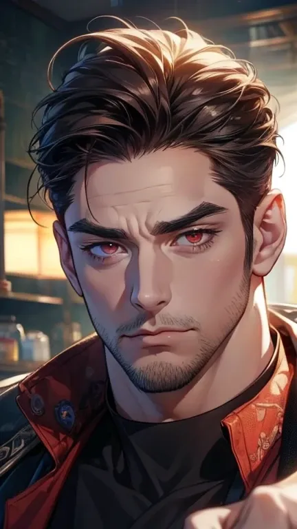 (  best quality,4K,8k,  highres,  masterpiece :1.2),  ultra-detailed  ,(realistic,photorealistic,photo-realistic:1.37),36-year-old man,3 day beard,Beautiful anime,Portraits,strong,Masculine,  with dark hair  ,sharp jaw,  mesmerizing red eyes  ,  perfectly ...