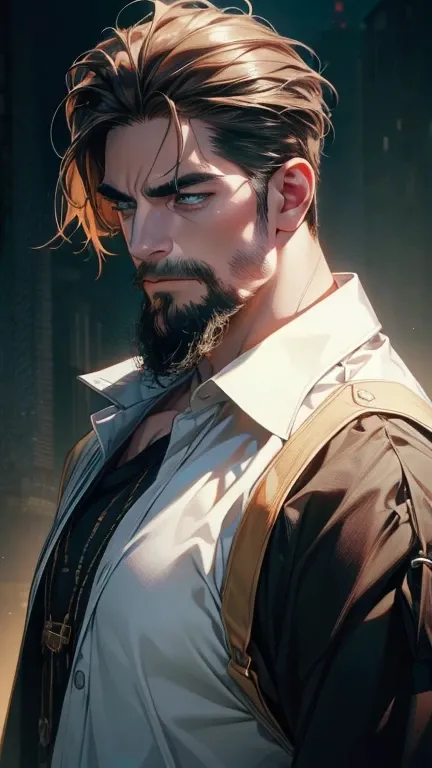 (  best quality,4K,8k,  highres,  masterpiece :1.2),  ultra-detailed  ,(realistic,photorealistic,photo-realistic:1.37),36-year-old man,3 day beard,Beautiful anime,Portraits,strong,Masculine,  with dark hair  ,sharp jaw,  mesmerizing green eyes  ,  perfectl...