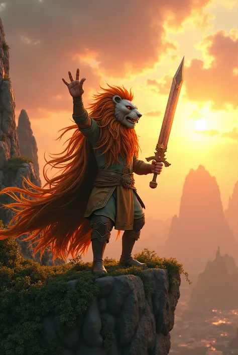 Create a 3D animated scene featuring a man wearing a detailed lion mask. His clothes are made entirely of vibrant, lush leaves, which move naturally with the wind. In his raised right hand, he holds a shining sword, its blade reflecting the light of the se...