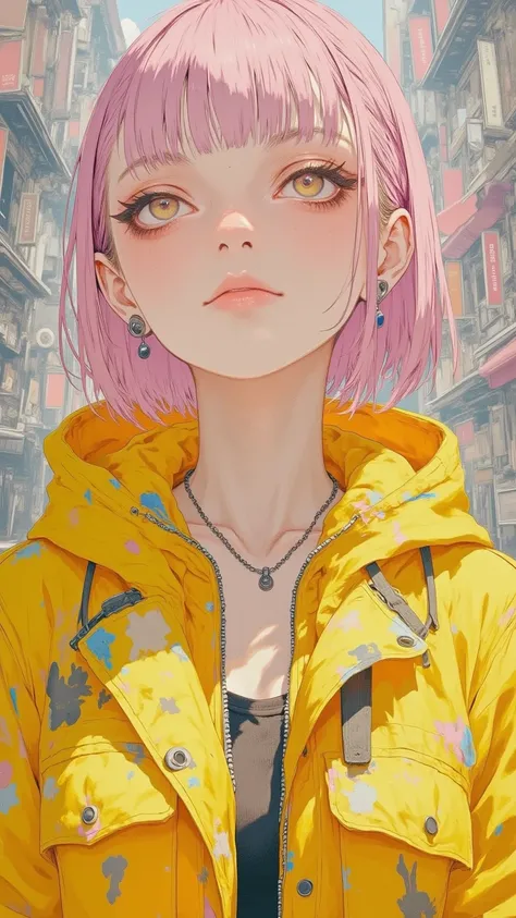 8k, Masterpiece, Top Quality, Hyperrealism, Post-Impressionism, Close-up, frontal viewpoint.  Short, pink hair, large eyes, delicate features, soft expression. Yellow raincoat, thin necklace. Serene pose. Blurred, indistinct background.
