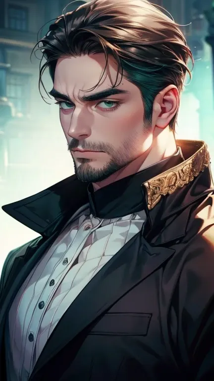 (  best quality,4K,8k,  highres,  masterpiece :1.2),  ultra-detailed  ,(realistic,photorealistic,photo-realistic:1.37),36-year-old man,3 day beard,Beautiful anime,Portraits,strong,Masculine,  with dark hair  ,sharp jaw,  mesmerizing green eyes  ,  perfectl...