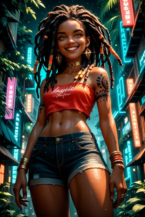 (masterpiece, best quality:1.2), 1 girl, solo Beautiful dark-skinned young mulatto woman laughing merrily. Black and iridescent hair, long thick braids of rainbow dreadlocks. Shaved temples, dyed orange. Iridescent large transparent very beautiful emerald ...