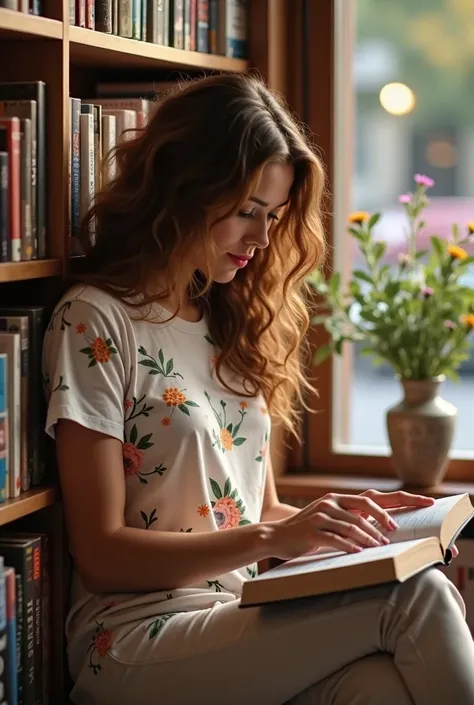 beautiful woman, sitting in a bookshop, wearing a floral t-shirt, pants, long brownish curly hair, outdoors in a bookshop, walking in a bookshop , soft lighting, vases in background, window with sunlight, realistic