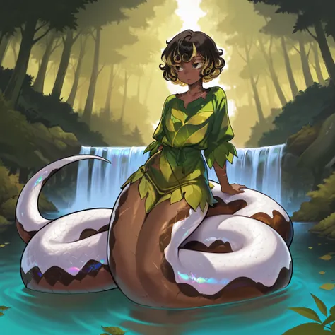 Naga, half snake, scales, iridescent white snake tail, brown skin, scars, long curly black hair blonde streaks, thick blonde lashes, forest, solo, leaf shirt, no legs, snake tail, curvy, waterfall, lake.