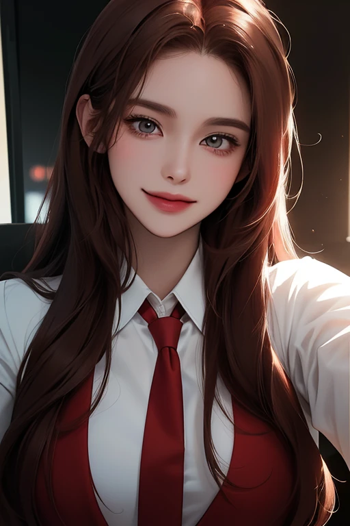 above view, (best quality, ((masterpiece)), beautiful detailed Eyes, 8K resolution, cinematic lighting,detailed clothes,Semi-realistic),1 woman,((25 year-old)),cool,(red brown hair),((white formal shirts), office, smile