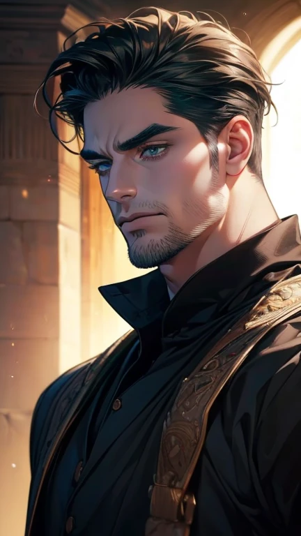 (  best quality,4K,8k,  highres,  masterpiece :1.2),  ultra-detailed  ,(realistic,photorealistic,photo-realistic:1.37),36-year-old man,3 day beard,Beautiful anime,Portraits,strong,Masculine,  with dark hair  ,sharp jaw,  mesmerizing green eyes  ,  perfectl...