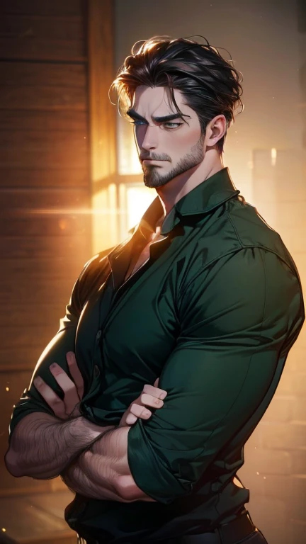 (  best quality,4K,8k,  highres,  masterpiece :1.2),  ultra-detailed  ,(realistic,photorealistic,photo-realistic:1.37),36-year-old man,3 day beard,Beautiful anime,Portraits,strong,Masculine,  with dark hair  ,sharp jaw,  mesmerizing green eyes  ,  perfectl...