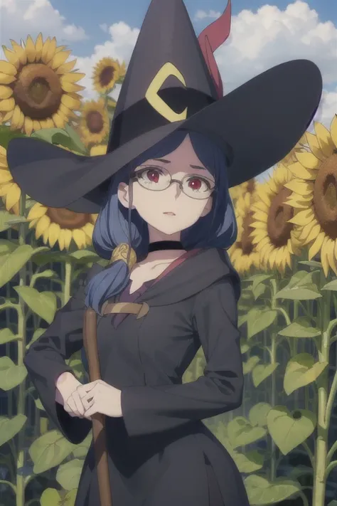 ((( pixel-perfect, detail-perfect ))), One,  1girl, Ursula was smart, witch,  looks at the viewer, glasses,  ajar lips , witch hat, on the field sunflowers , flag of ukraine