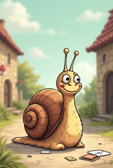 Create a cute old snail postina cartoon style, Horizontal that can no longer deliver mail because it is too old