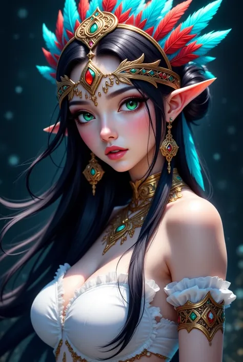 This is a highly detailed digital illustration of a young woman with an ethereal, fantasy-inspired appearance. She has fair skin and large, expressive green eyes with a hint of golden irises. Her long, dark hair cascades down her back, adorned with a vibra...