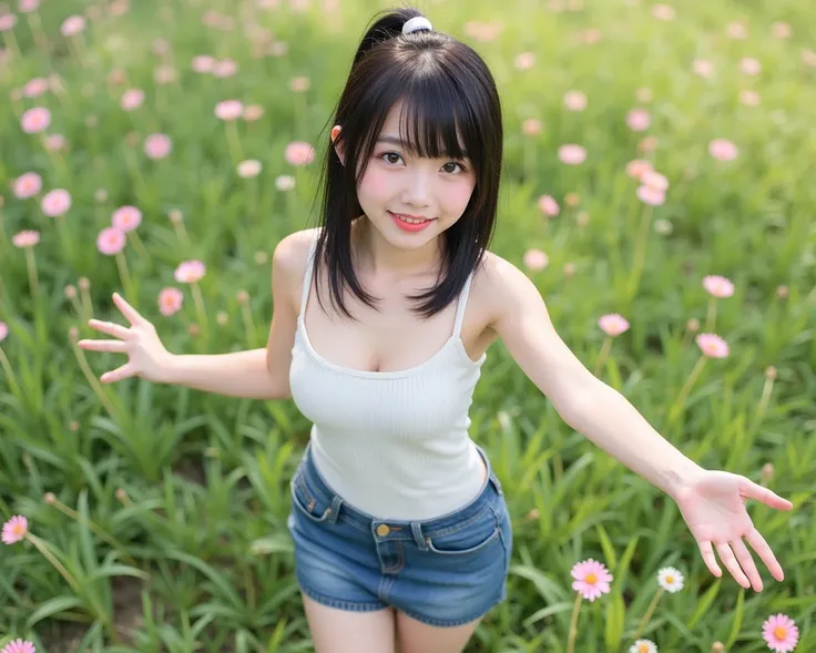 photo, Masterpiece, nsfw,8k,( tidy 1 Girl  ,  slender body,  short body, flat chest,Narrow shoulders width, Wide pelvis,  Small Ass,   thick curvy thighs , taken from below   ),(14yo Japanese girl  ,  154 cm tall   ,pale skin), top of head,Knees, ((head ti...