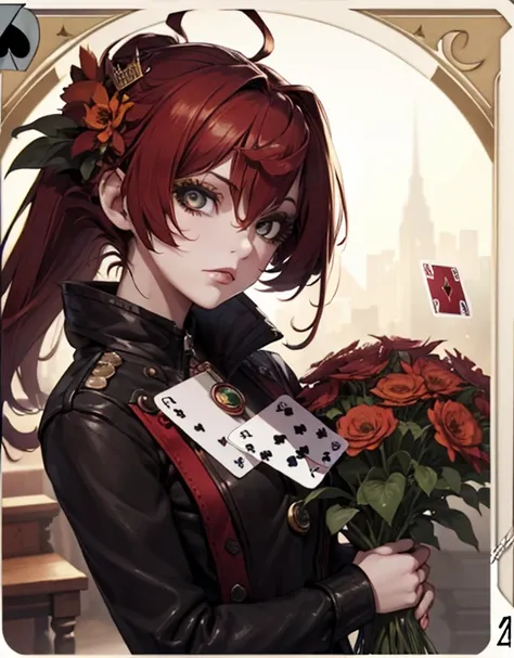 HK7Style,acid(maimai), 1girl, solo, alone, red hair, black eyes, heart pupils, pretty woman,(((holding a queen card))), ((crown on her head)), bust shot, dark background, (((cards and red and black flowers in background))), ultra quality, ultra detail, ult...