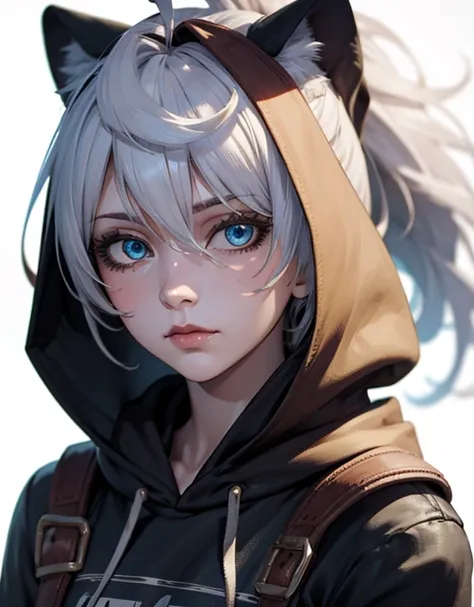 a girl with white hair and blue eyes, hoodie, animal ears, white background, detailed facial features, detailed clothing, highres, best quality, 4k, 8k, photorealistic, masterpiece, ultra-detailed, realistic, vivid colors, studio lighting