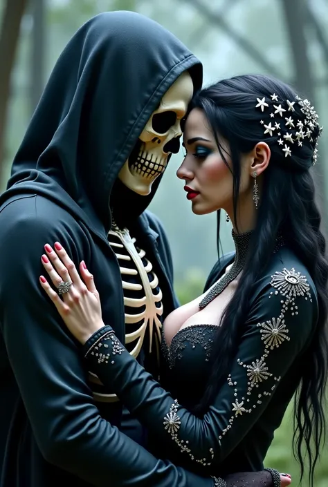 two people embracing eyes closed . man's face carabela skeleton hooded costume with silver ornaments. A heavenly sorceress, sky blue eyes,  pèlo black high forehead . huge big tits.  witch woman with stars in her hair and black clothes with silver ornament...