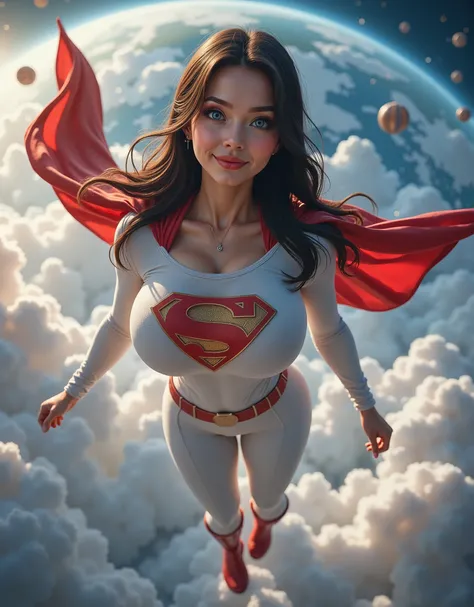 "A TEXT BUBBLE THAT SAYES HI". PHOTO REALISTIC. A FULL VIEW OF A BLUE EYED, SEXT, PETITE THAI/KOREAN/CHINESE MATURE GIRL, SLIM PETITE ATHLETIC BODY WEARING A WHITE SUPERMAN SUIT, SUPERMAN BELT, RED BOOTS AND A VERY LONG FLOWING RED CAPE. 4K, 8K,"A TEXT BUB...